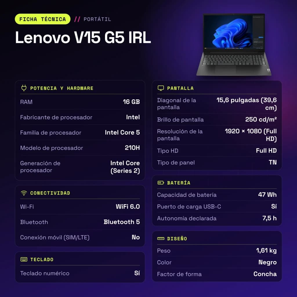 Portátil Lenovo V15 G5 IRL 16GB/512GB SSD 15,6 polegadas FHD Intel Core 5 210H NVMe PCIe 4.0 Sem Sistema Operativo Preto - características