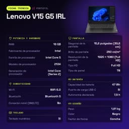Portátil Lenovo V15 G5 IRL 16GB/512GB SSD 15,6 polegadas FHD Intel Core 5 210H NVMe PCIe 4.0 Sem Sistema Operativo Preto - características