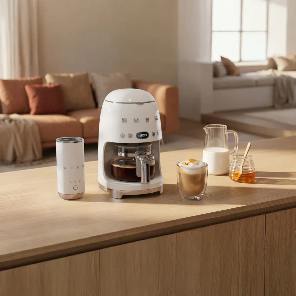 Cafetière filtre Smeg 1,4L 1050W Blanc DCF02WHEU, en utilisation: sur plan en bois avec carafe pleine, verre de latte, pot