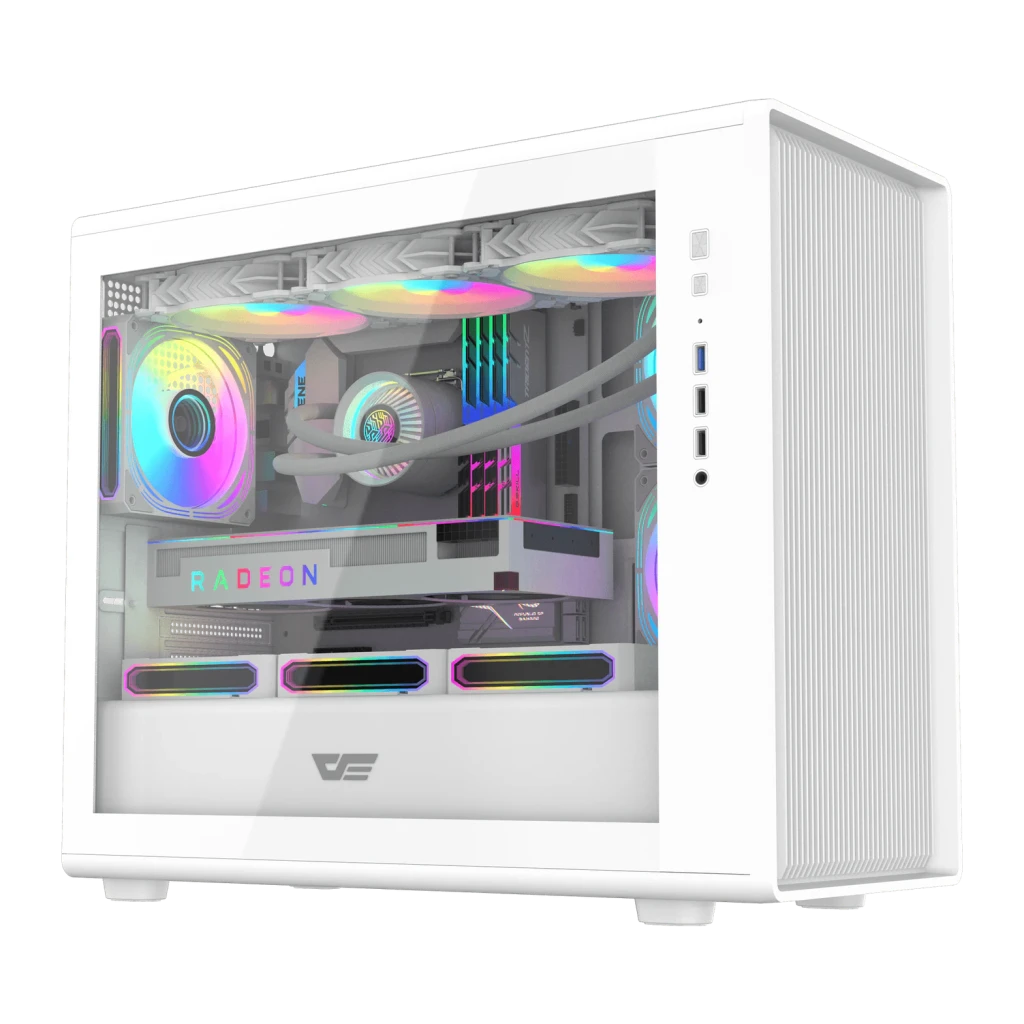 Caja PC Darkflash Cristal Templado M-ATX/ITX Blanco DB460M, vista frontal: panel lateral de vidrio templado con ventiladores