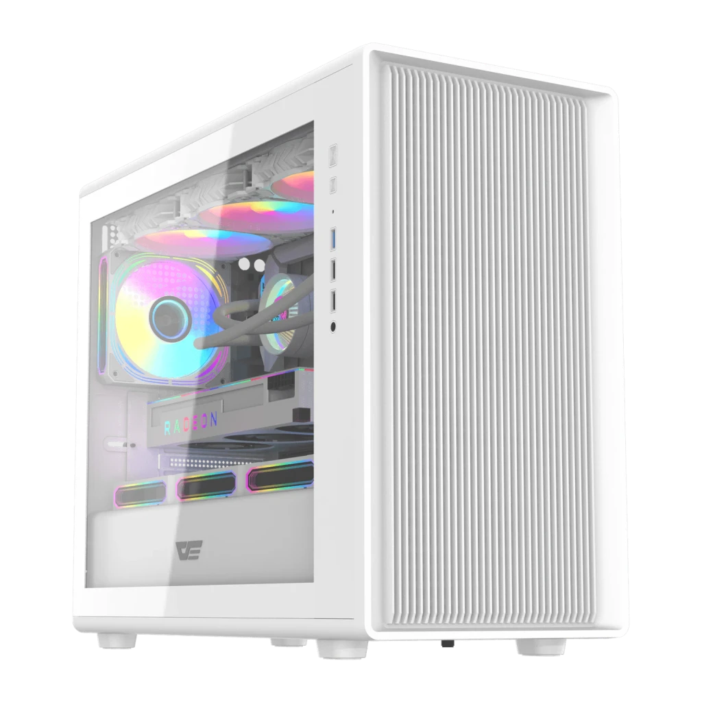 Caja PC Darkflash Cristal Templado M-ATX/ITX Blanco DB460M, detalle: ventana lateral con ventiladores ARGB y GPU Radeon