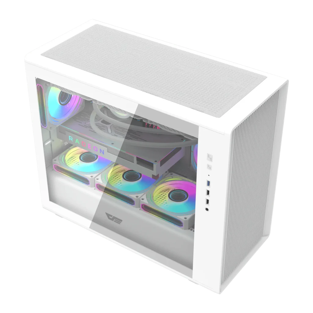 Caja PC Darkflash Cristal Templado M-ATX/ITX Blanco DB460M, detalle: interior con ventiladores ARGB y GPU Radeon visibles