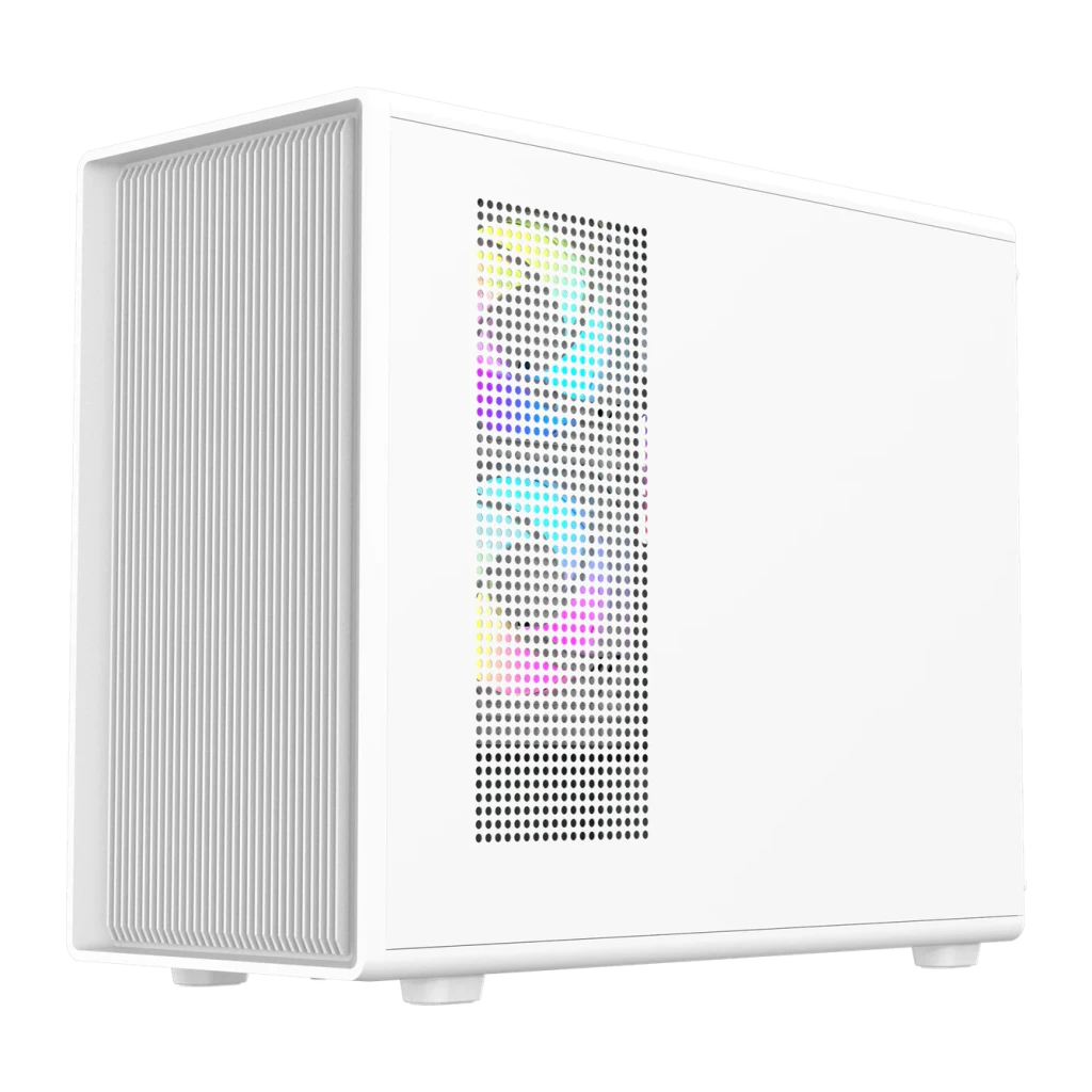 Caja PC Darkflash Cristal Templado M-ATX/ITX Blanco DB460M, detalle: panel frontal perforado con iluminación ARGB multicolor