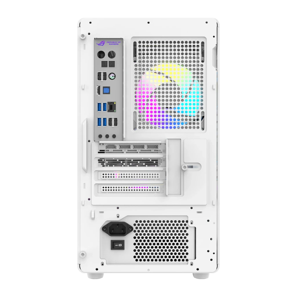 Caja PC Darkflash Cristal Templado M-ATX/ITX Blanco DB460M, vista trasera: panel I/O, ranuras PCIe y ventilador ARGB