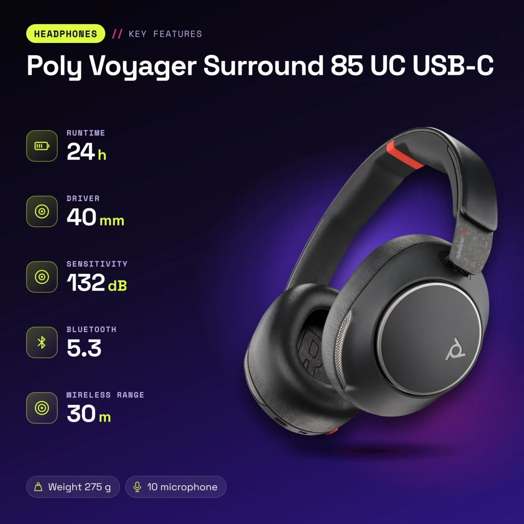 Auriculares Poly Voyager Surround 85 UC USB-C Cancelación de Ruido Activa Diadema Negro - características
