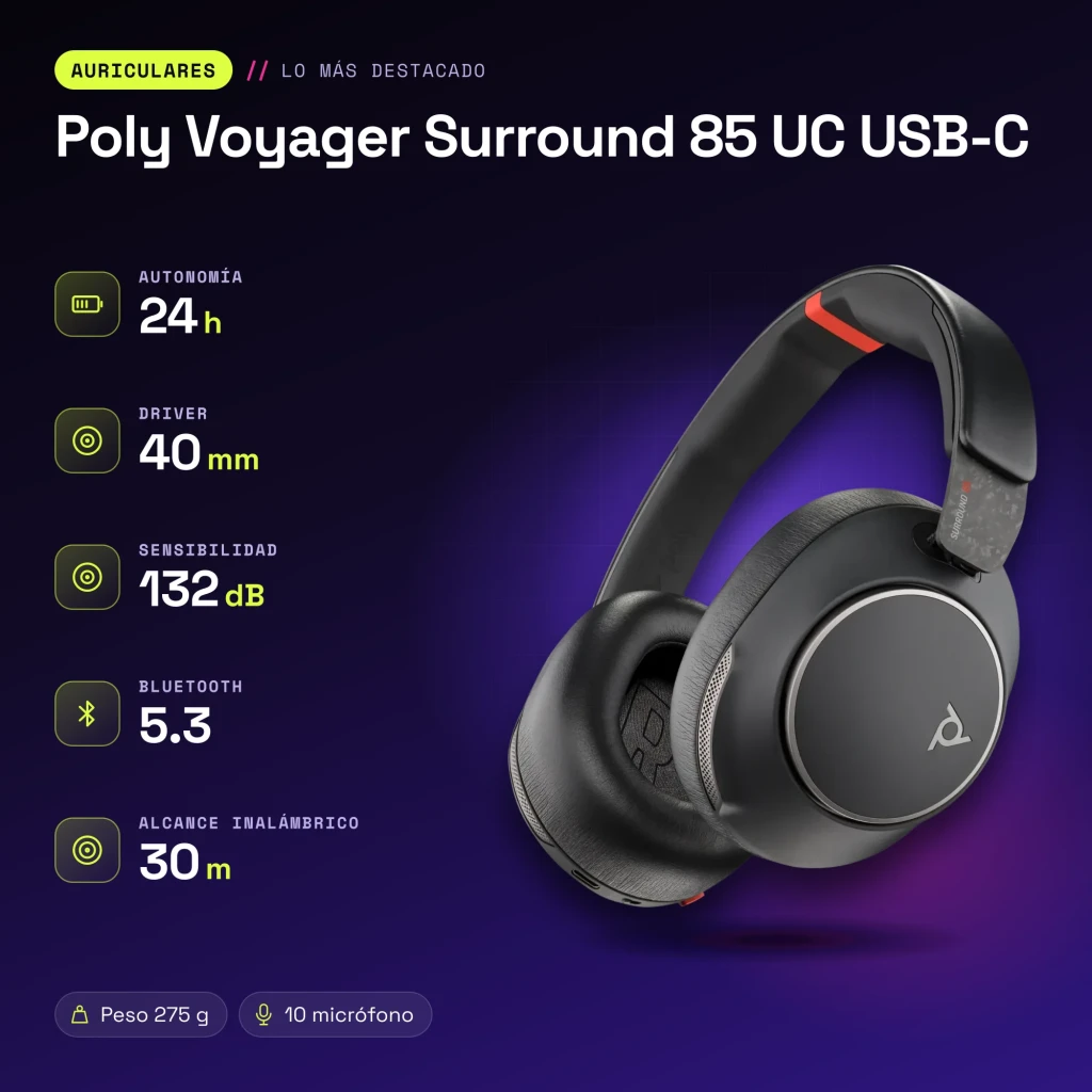 Auriculares Poly Voyager Surround 85 UC USB-C Cancelación de Ruido Activa Diadema Negro - características
