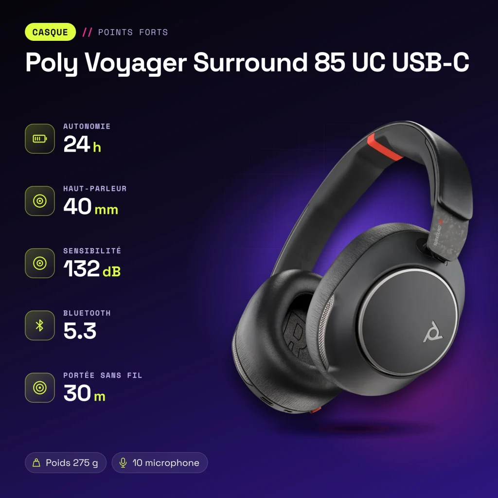 Auriculares Poly Voyager Surround 85 UC USB-C Cancelación de Ruido Activa Diadema Negro - características
