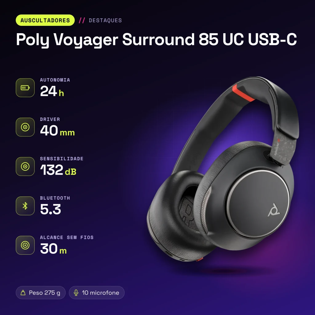 Auriculares Poly Voyager Surround 85 UC USB-C Cancelación de Ruido Activa Diadema Negro - características