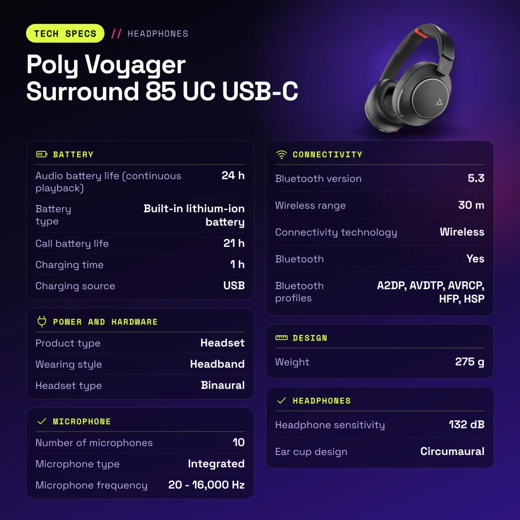 Auriculares Poly Voyager Surround 85 UC USB-C Cancelación de Ruido Activa Diadema Negro - características