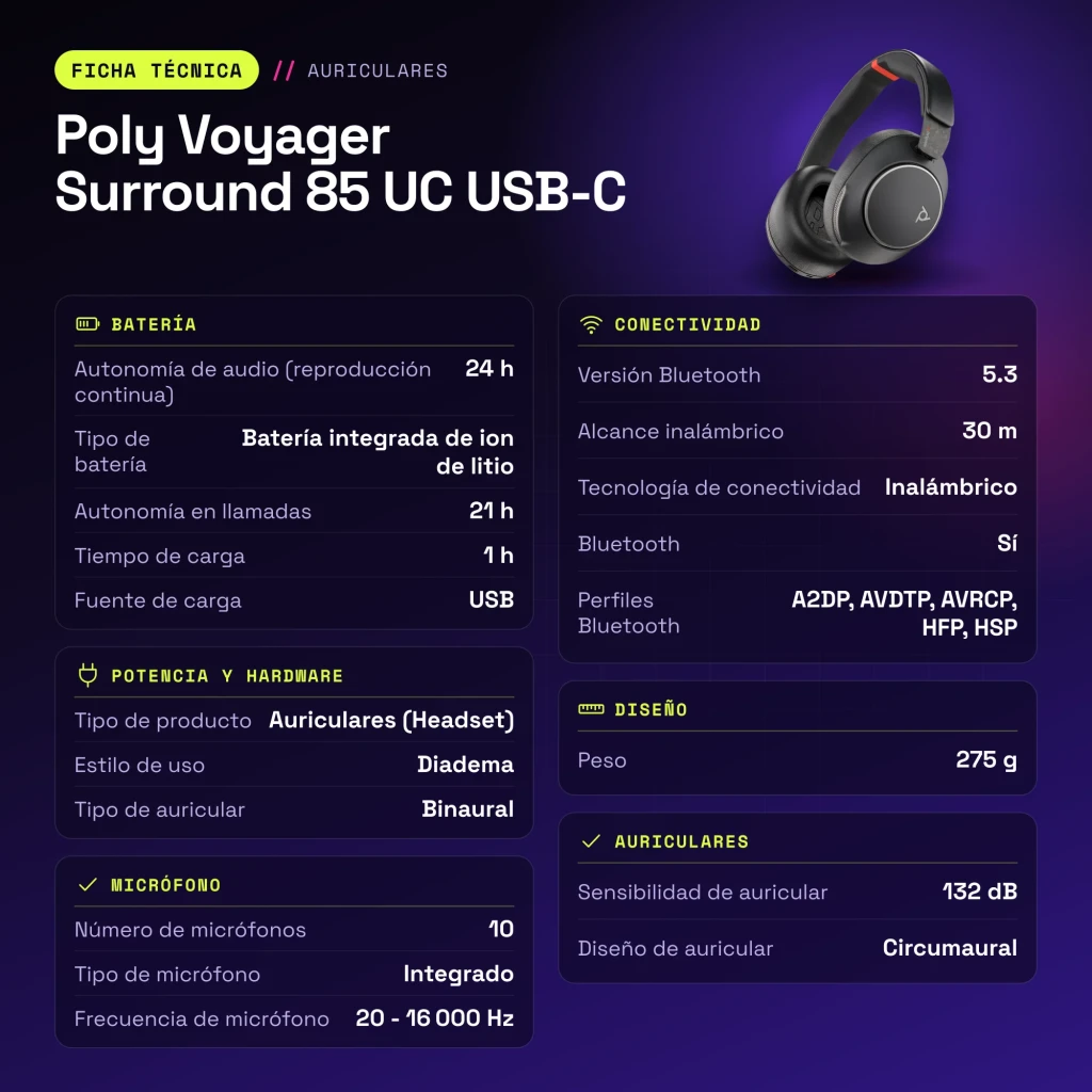 Auriculares Poly Voyager Surround 85 UC USB-C Cancelación de Ruido Activa Diadema Negro - características