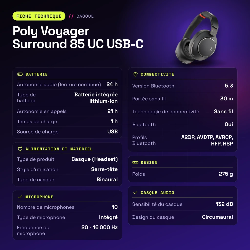 Auriculares Poly Voyager Surround 85 UC USB-C Cancelación de Ruido Activa Diadema Negro - características