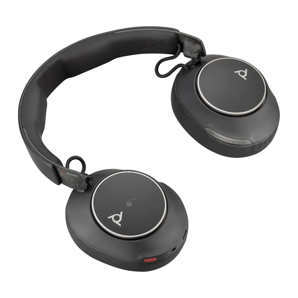 Auriculares Poly Voyager Surround 85 UC USB-C Cancelación de Ruido Activa Diadema Negro, detalle: almohadillas, logo Poly