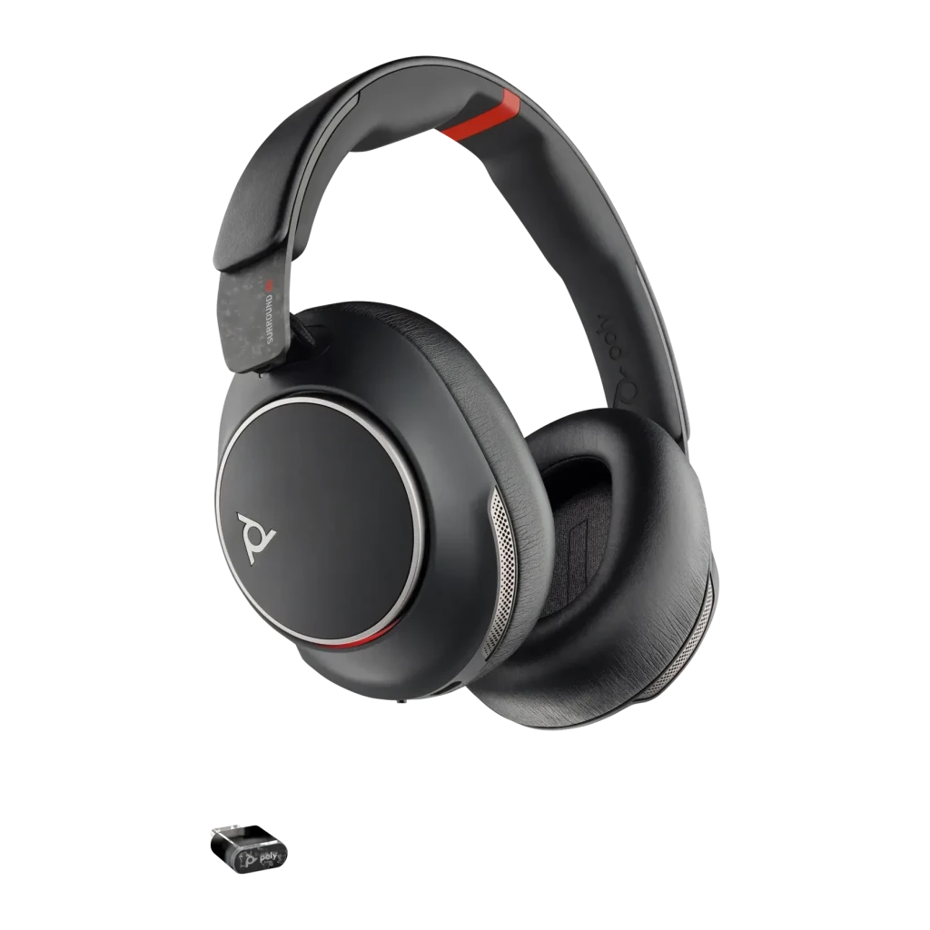 Auriculares Poly Voyager Surround 85 UC USB-C Cancelación de Ruido Activa Diadema Negro, detalle: logo Poly en copa, acento