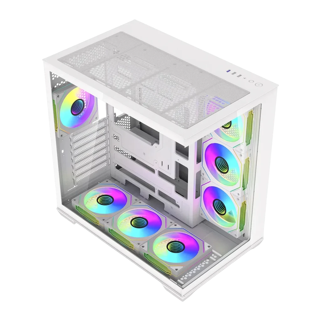 Boîtier PC Darkflash C280 Verre Trempé 270° ATX / E-ATX / M-ATX / ITX Blanc, détail: intérieur avec 6 ventilateurs ARGB