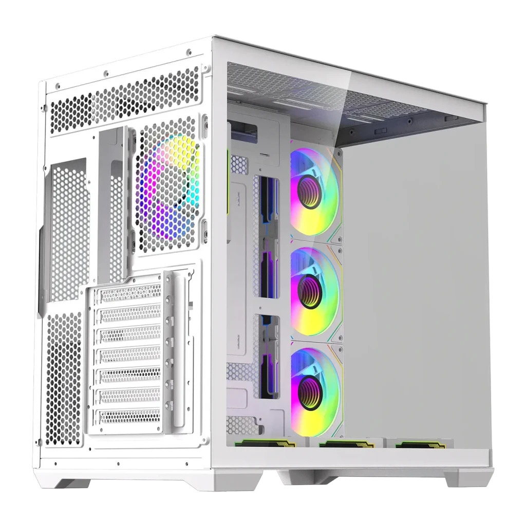 Boîtier PC Darkflash C280 Verre Trempé 270° ATX / E-ATX / M-ATX / ITX Blanc, vue arrière: panneau latéral en verre ouvert, 3