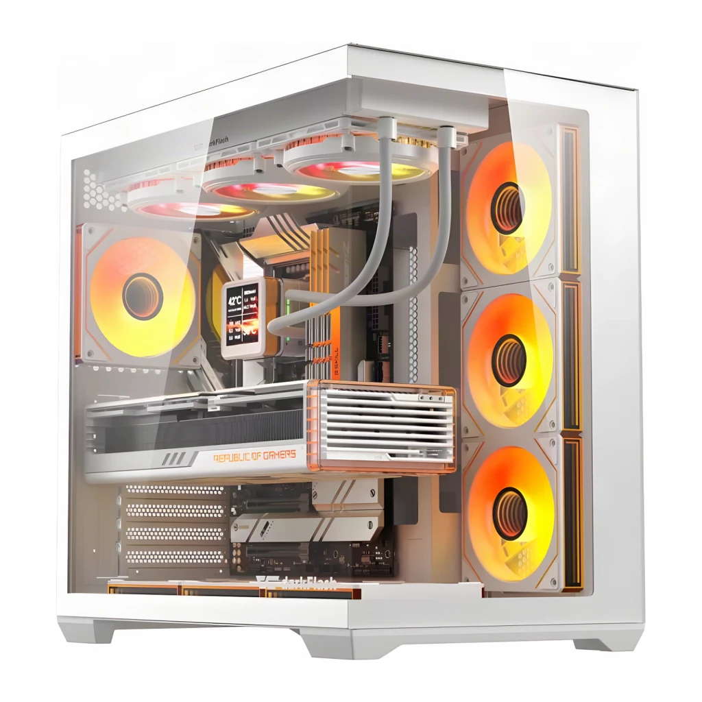 Boîtier PC Darkflash C280 Verre Trempé 270° ATX / E-ATX / M-ATX / ITX Blanc, en utilisation: intérieur avec ventilateurs RGB
