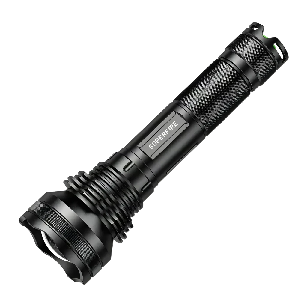 Lampe torche LED Superfire L3 P90 Noir Rechargeable 2700 lumens 400 m, vue de face: corps noir strié, tête large