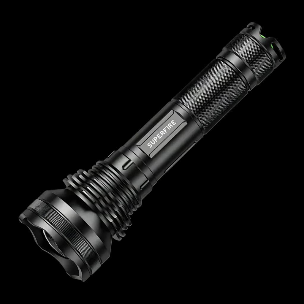 Lampe torche LED Superfire L3 P90 Noir Rechargeable 2700 lumens 400 m, vue de face: corps noir strié, tête large