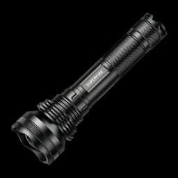 Lampe torche LED Superfire L3 P90 Noir Rechargeable 2700 lumens 400 m, vue de face: corps noir strié, tête large