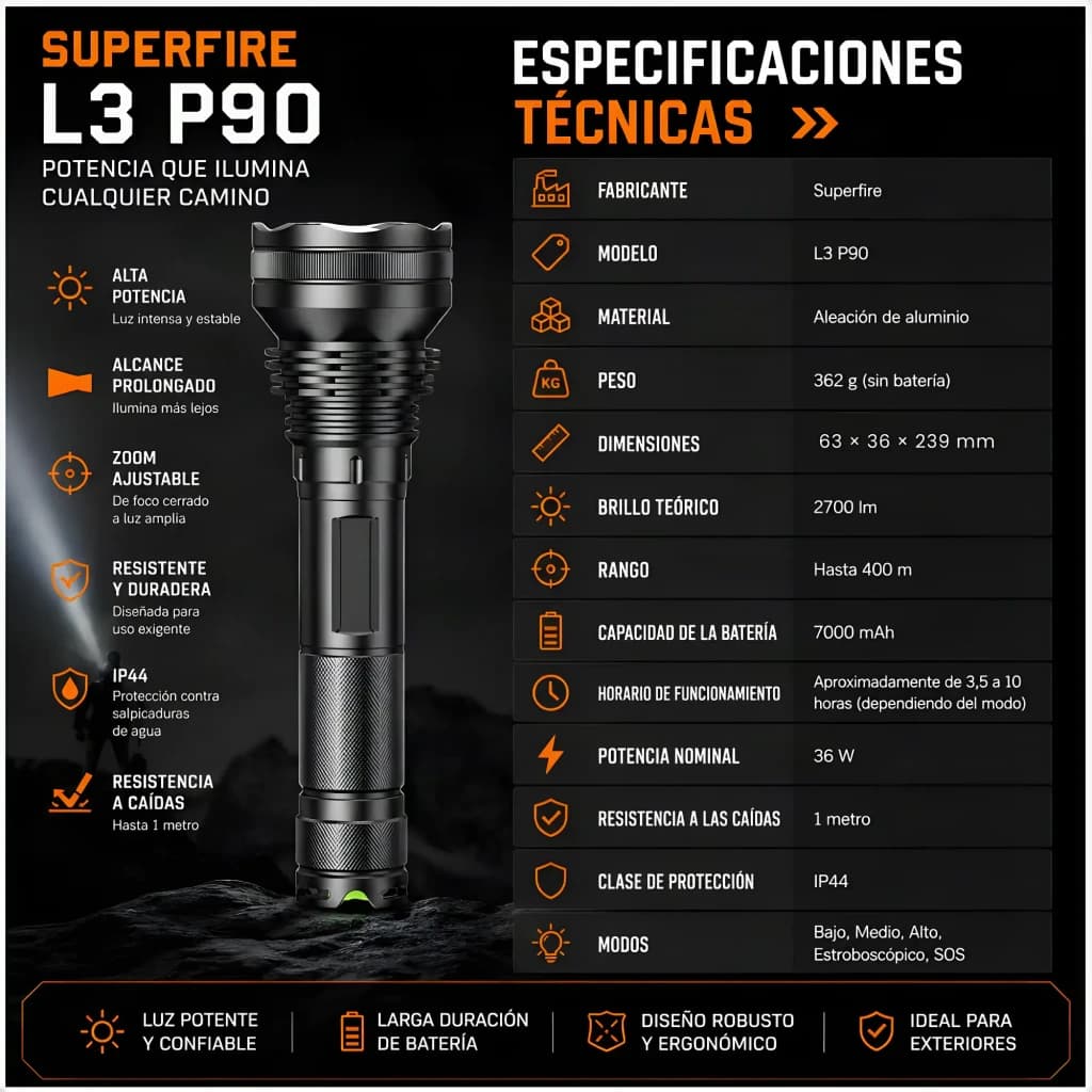 Lampe torche LED Superfire L3 P90 Noir Rechargeable 2700 lumens 400 m, infographie: fiche technique, dimensions, modes