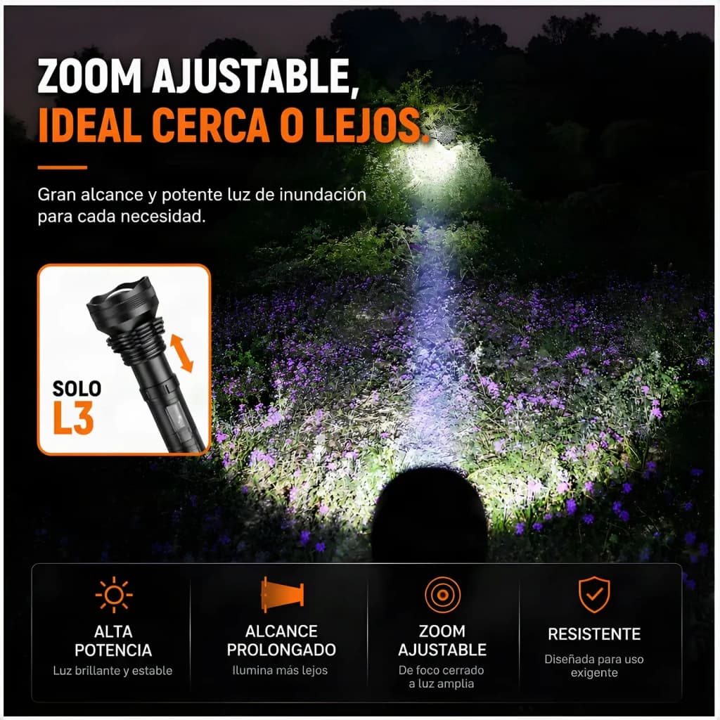 Lampe torche LED Superfire L3 P90 Noir Rechargeable 2700 lumens 400 m, zoom ajustable: faisceau puissant éclairant