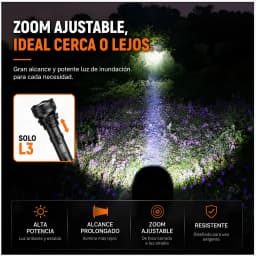 Lampe torche LED Superfire L3 P90 Noir Rechargeable 2700 lumens 400 m, zoom ajustable: faisceau puissant éclairant