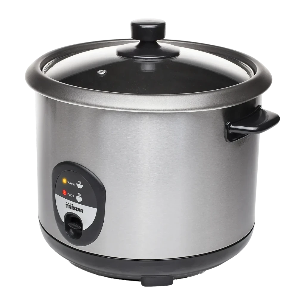 Cuiseur à riz TriStar 2,2L 900W Argent RK-6129, vue de face: corps argenté brossé, couvercle en verre et panneau