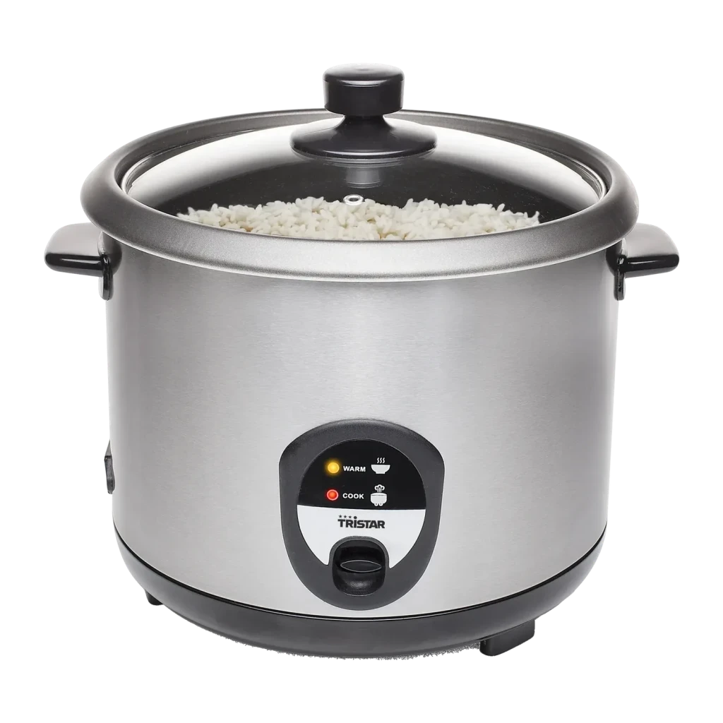 Cuiseur à riz TriStar 2,2L 900W Argent RK-6129, détail: couvercle en verre ouvert avec riz cuit visible et panneau WARM/COOK
