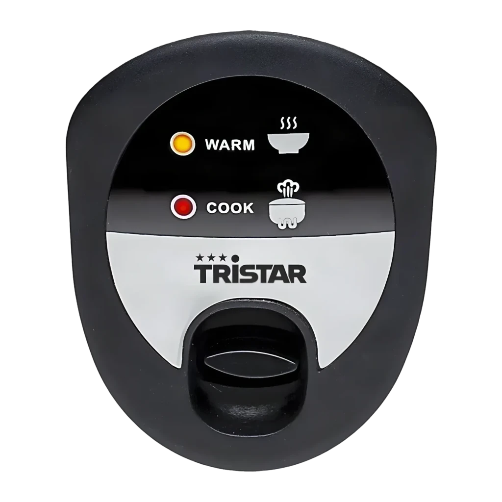 Cuiseur à riz TriStar 2,2L 900W Argent RK-6129, détail: panneau de commande avec voyants Warm et Cook et levier noir
