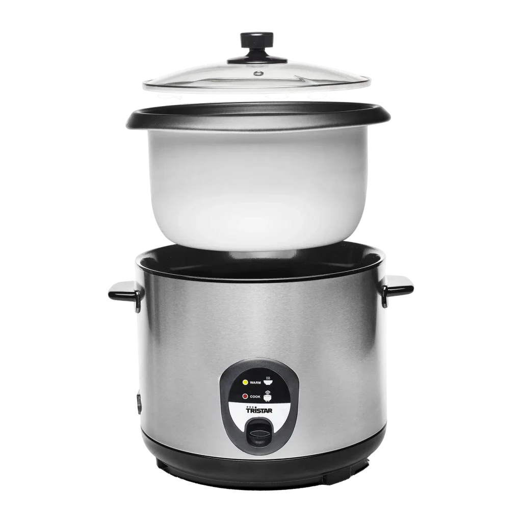 Cuiseur à riz TriStar 2,2L 900W Argent RK-6129, détail: cuve intérieure et couvercle en verre soulevés sur base argentée