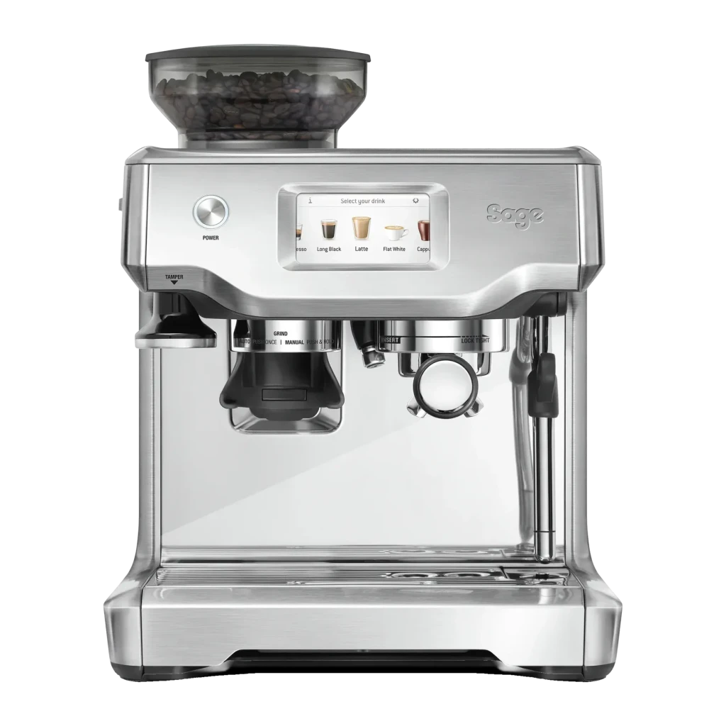 Cafetera Express Sage Appliances Barista Touch SES880BSS4EEU1 Acero Inoxidable, vista frontal: pantalla táctil, molinillo