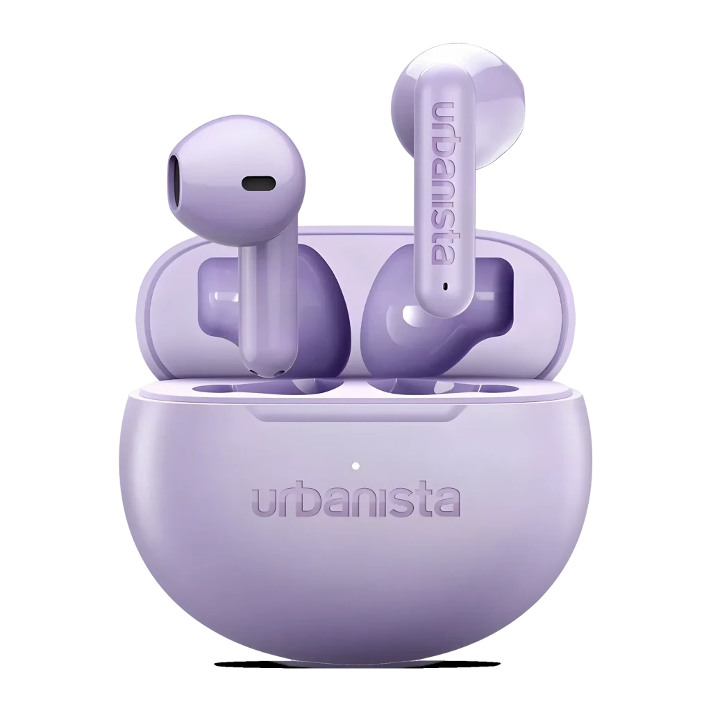 Auriculares Urbanista Austin 2 TWS Bluetooth 6.0 25h Lavanda, vista frontal: ambos earbuds en estuche abierto color lavanda