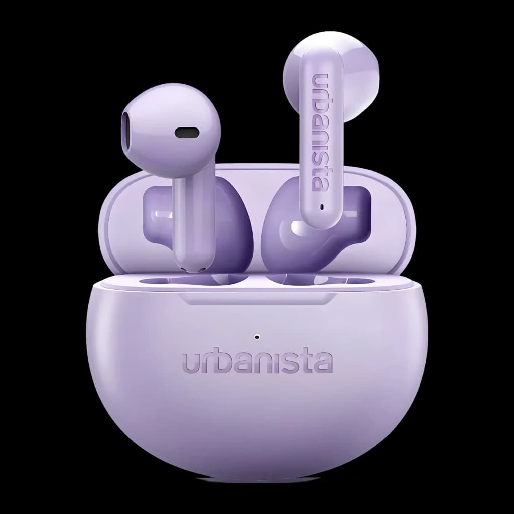 Écouteurs Urbanista Austin 2 TWS Bluetooth 6.0 25h Lavande, vue de face: deux écouteurs dans l'étui ouvert lavande avec logo