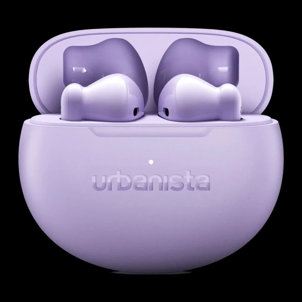 Écouteurs Urbanista Austin 2 TWS Bluetooth 6.0 25h Lavande, détail: étui ouvert avec les deux écouteurs et logo gravé