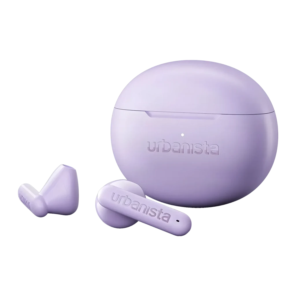 Auriculares Urbanista Austin 2 TWS Bluetooth 6.0 25h Lavanda, detalle: estuche cerrado con logo y dos auriculares extraídos