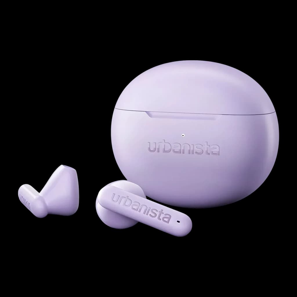 Écouteurs Urbanista Austin 2 TWS Bluetooth 6.0 25h Lavande, détail: boîtier fermé avec logo et deux écouteurs sortis