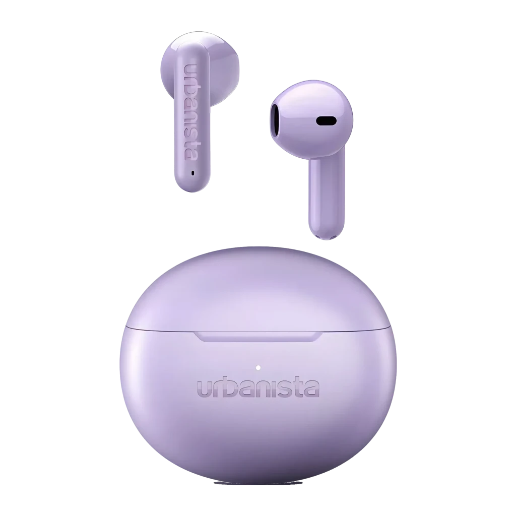 Auriculares Urbanista Austin 2 TWS Bluetooth 6.0 25h Lavanda, detalle: dos earbuds flotando sobre estuche oval abierto, logo