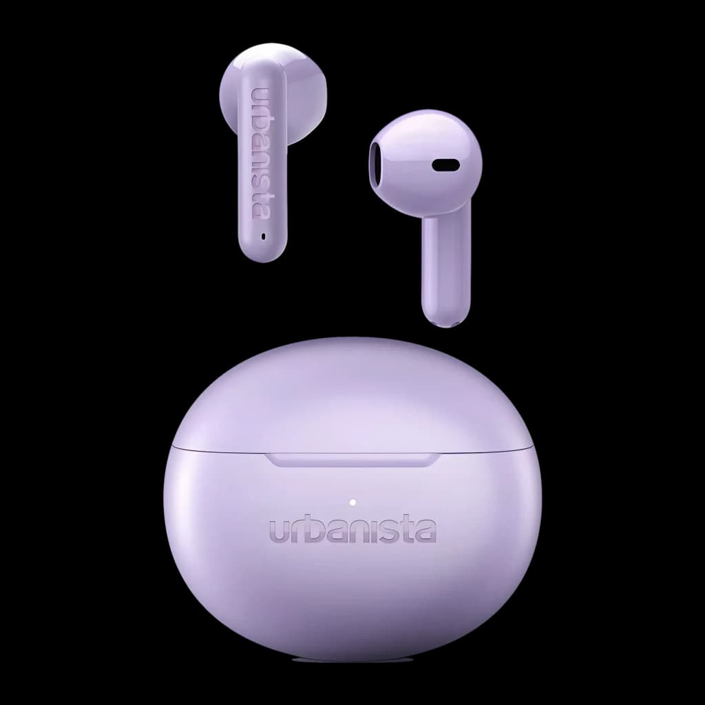 Écouteurs Urbanista Austin 2 TWS Bluetooth 6.0 25h Lavande, détail: deux écouteurs flottant au-dessus du boîtier oval