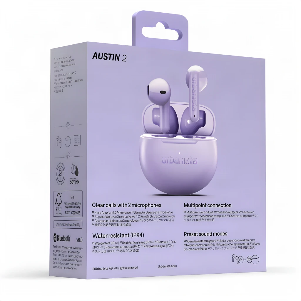 Auriculares Urbanista Austin 2 TWS Bluetooth 6.0 25h Lavanda, contenido de la caja: packaging lavanda con auriculares