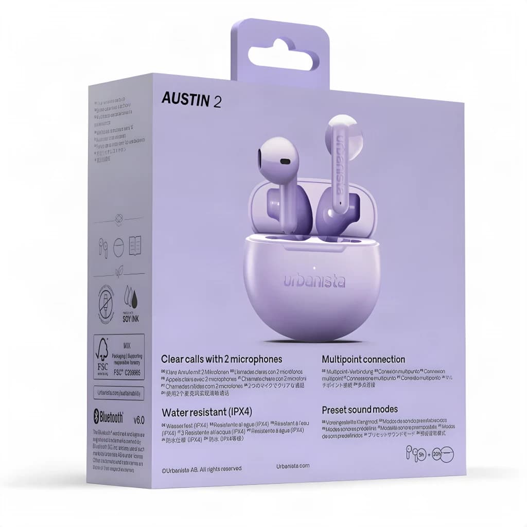 Écouteurs Urbanista Austin 2 TWS Bluetooth 6.0 25h Lavande, contenu de la boîte: packaging lavande avec écouteurs et boîtier
