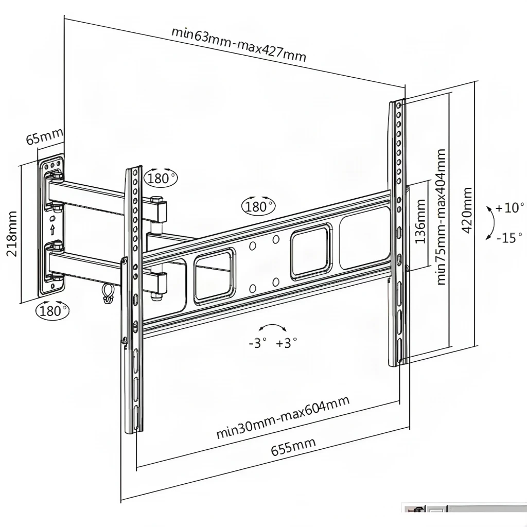 Support TV Equip Noir Mural Articulé Pivotant et Inclinable 37-70 pouces 650342, schéma technique: cotes d'extension