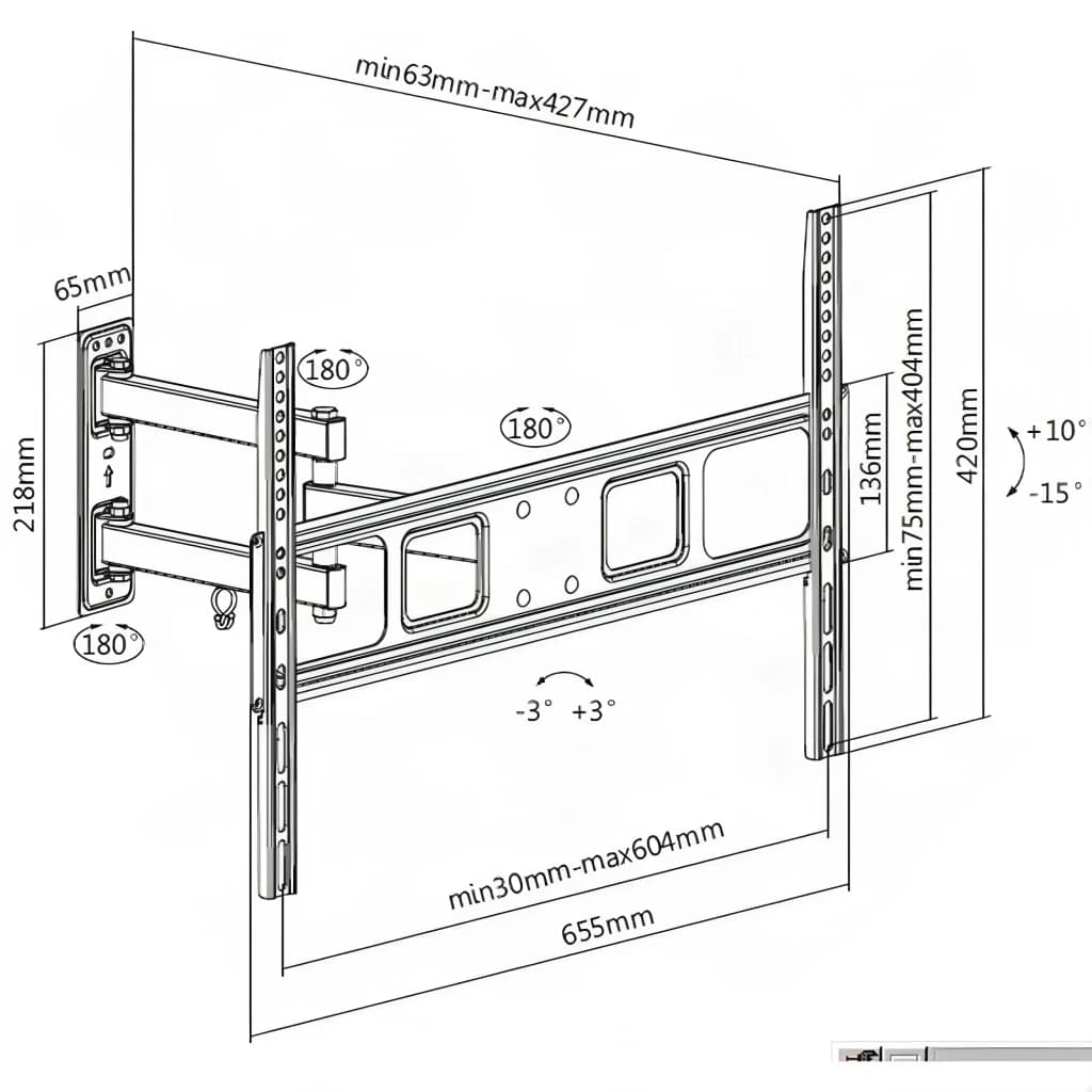 Support TV Equip Noir Mural Articulé Pivotant et Inclinable 37-70 pouces 650342, schéma technique: cotes d'extension
