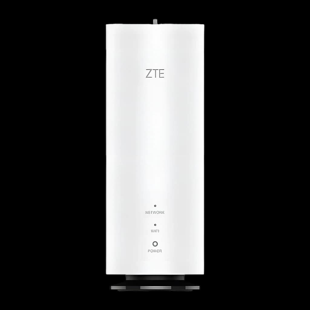 Router ZTE Hyperbox 5G Lite MC8810 blanco, cuerpo cilíndrico vertical, indicadores LED de 5G/NR y WiFi al frente, base negra estable, diseño minimalista