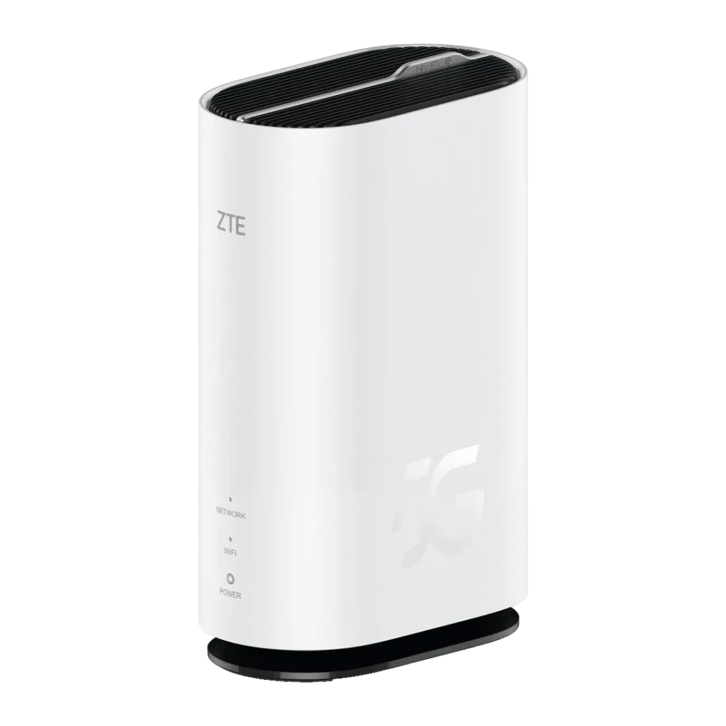 Router ZTE Hyperbox 5G Lite MC8810 Blanco WiFi 6 AX3000 Doble Banda, vista lateral: logo ZTE, indicadores