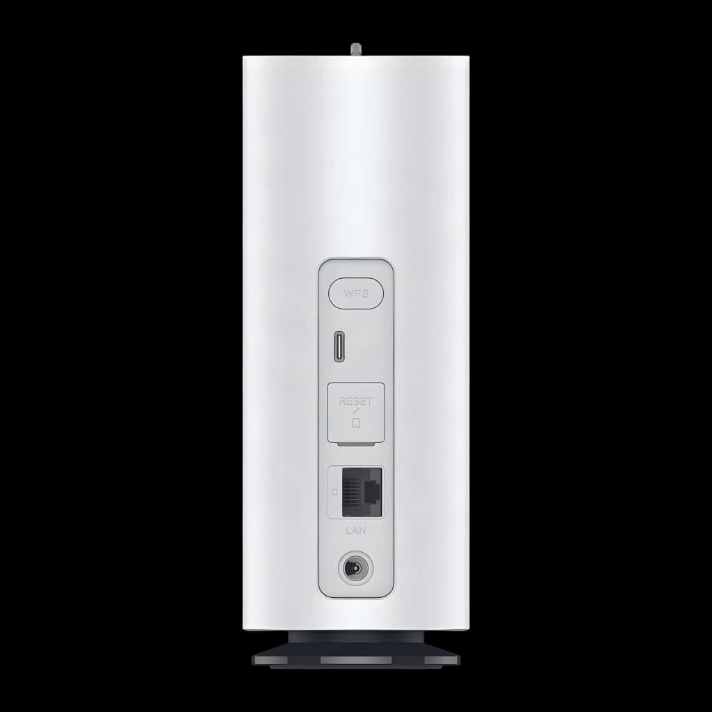 ZTE Hyperbox 5G Lite MC8810 blanco, vista trasera con botón WPS, reset, puerto LAN y entrada de energía; diseño vertical minimalista en color blanco.