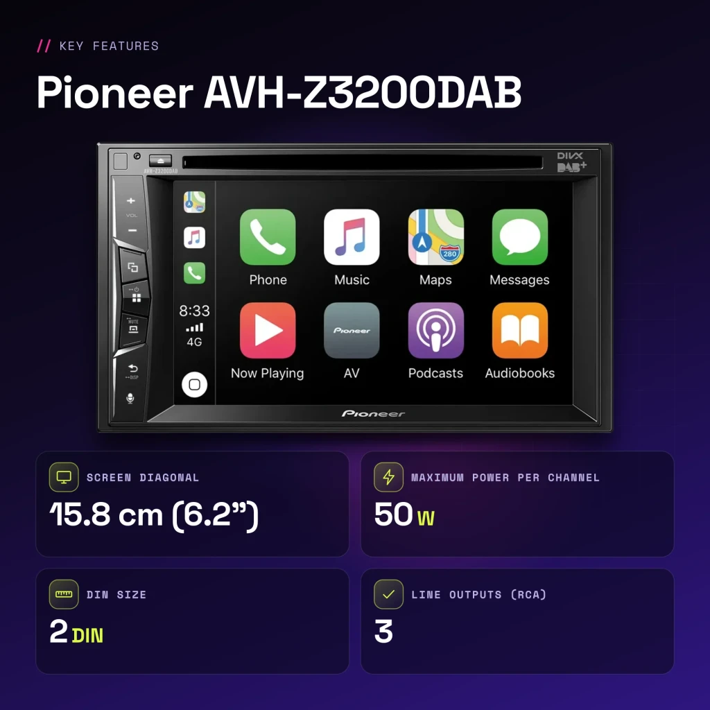 Autorradio Pioneer Negro CarPlay 6.2 pulgadas 2DIN AVH-Z3200DAB - características