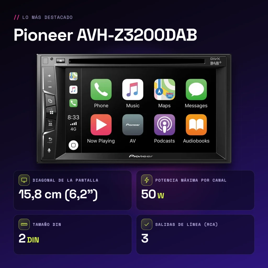 Autorradio Pioneer Negro CarPlay 6.2 pulgadas 2DIN AVH-Z3200DAB - características