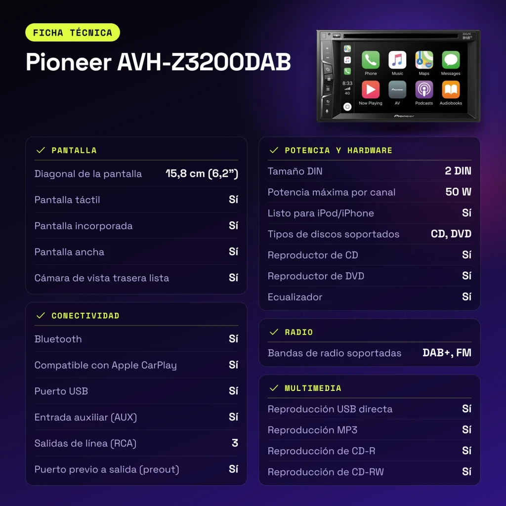 Autorradio Pioneer Negro CarPlay 6.2 pulgadas 2DIN AVH-Z3200DAB - características