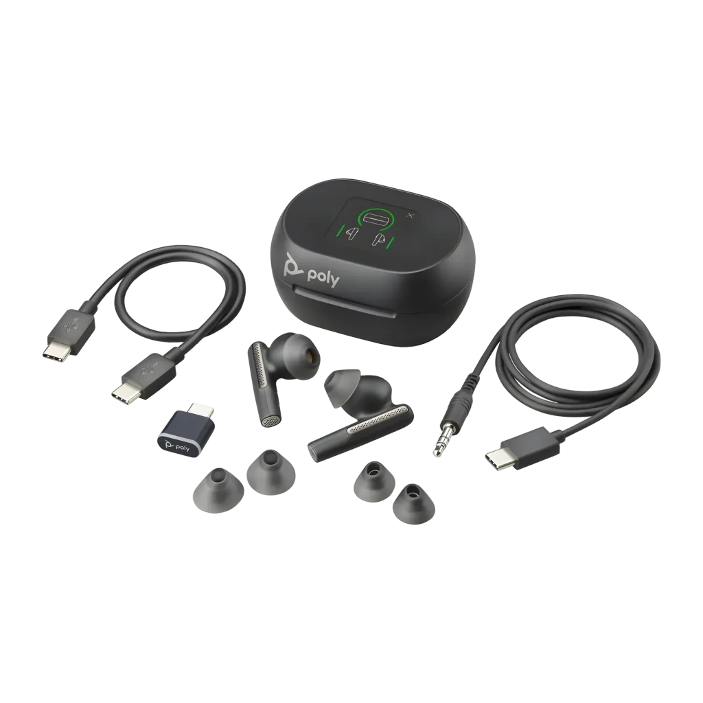Auriculares Poly Voyager Free 60+ UC Cancelación de Ruido TWS Bluetooth Inalámbrico Negro, detalle: accesorios incluidos