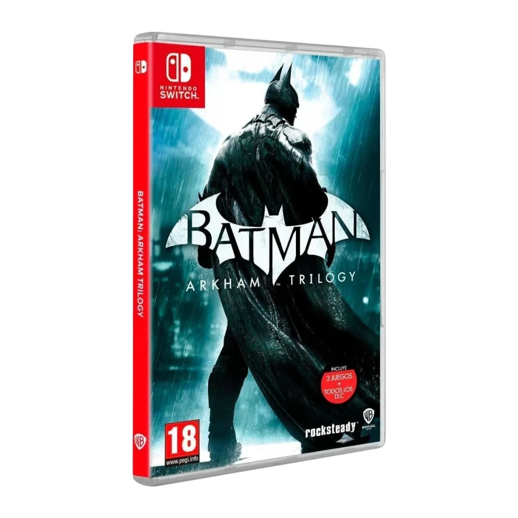 Videojogo Warner Bros. Games Batman Arkham Trilogy Nintendo Switch, vista frontal: caixa com Batman de costas sob chuva